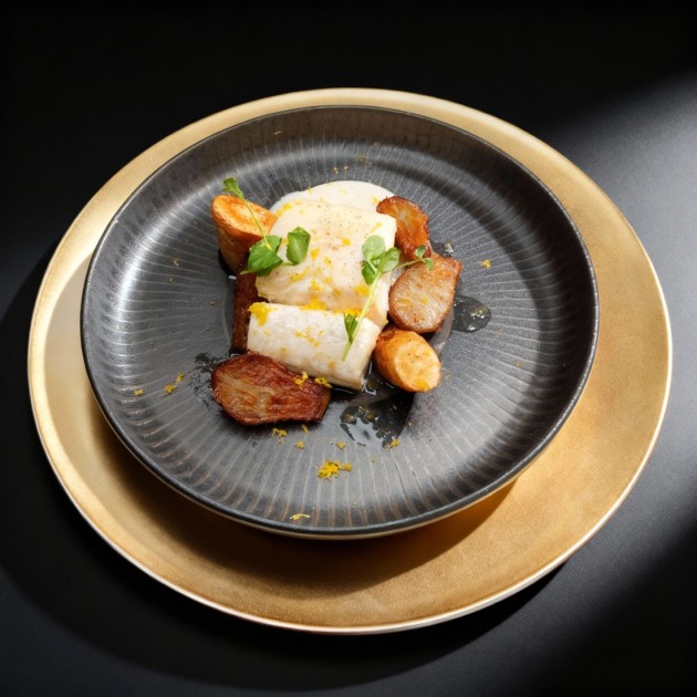 Dos de cabillaud poché, déclinaison autour des légumes racines et sauce topinambour truffée
